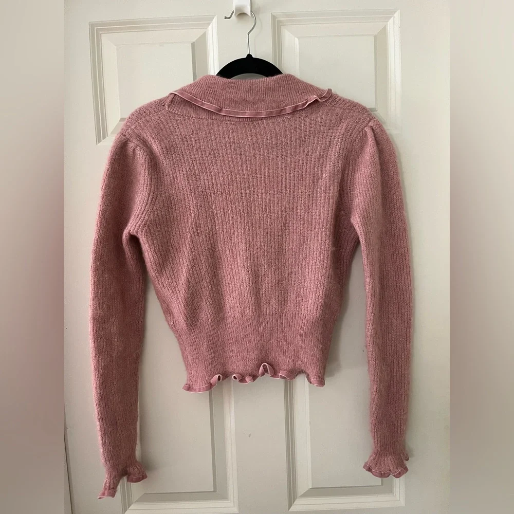 Zara Pink Alpaca Wool Knitted Cardigan Sweater with Velvet Trim Romantic size M - Picture 7 of 7